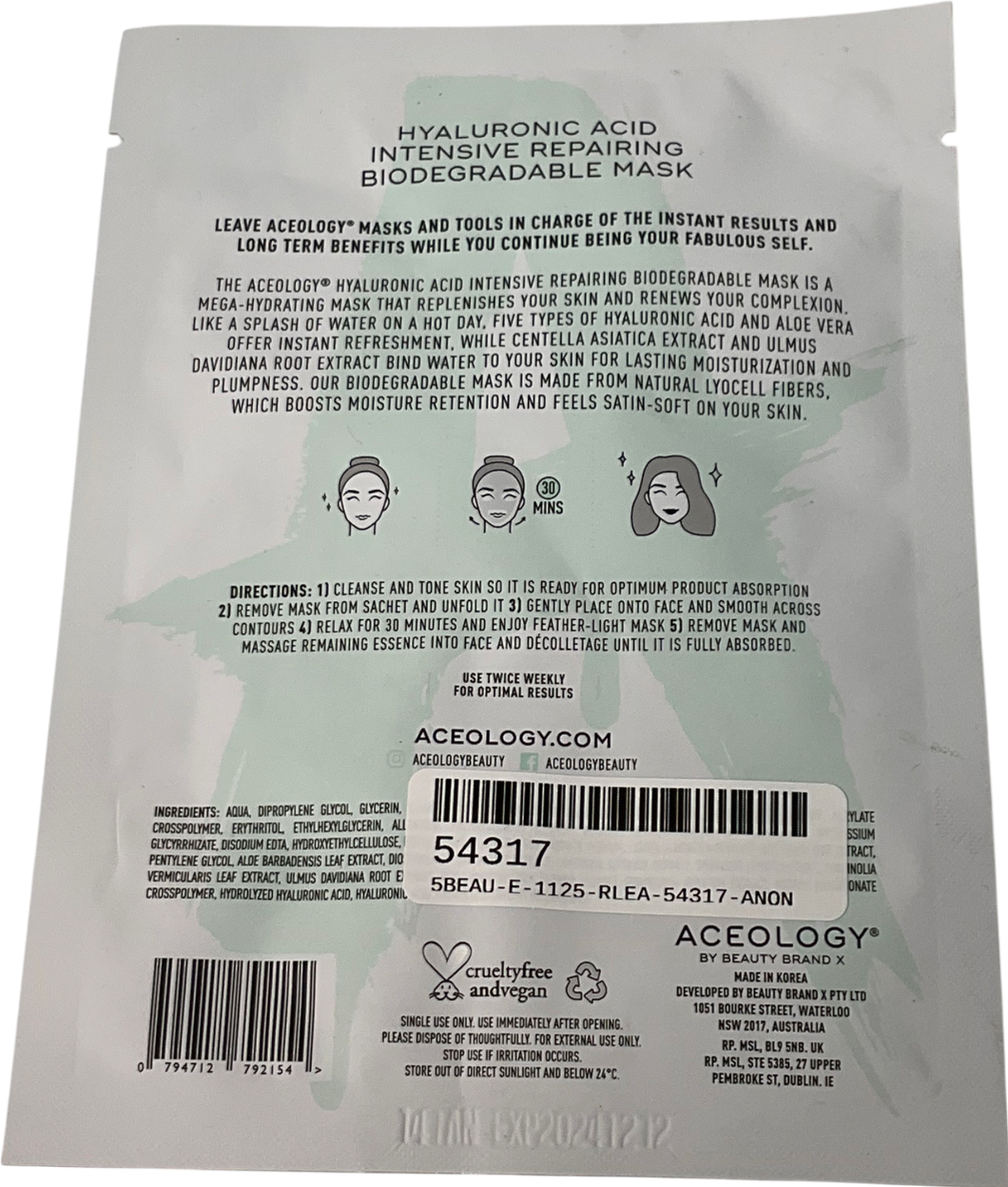 aceology Hyaluronic Acid Mask 1mask 1sheet