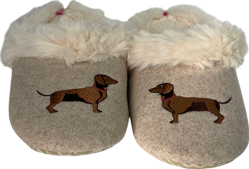joules Beige Natural Dachshund Embroided Slippers UK 4 EU 37 👠