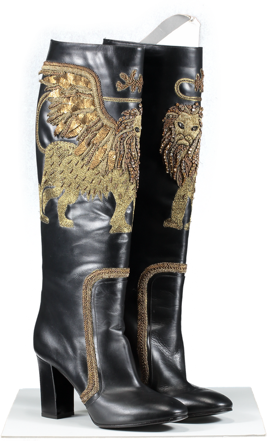 Alberta Ferretti Black winged lion Embellished Leather Knee Boots UK 8