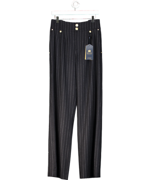 HOLLAND COOPER 100% Wool High Waisted Straight Trouser Navy Blue Chalk Pinstripe UK 10