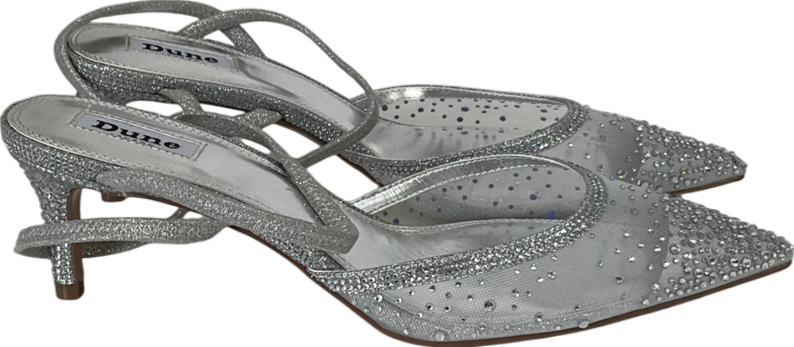 Dune Metallic Competitive - Silver Hotfix Kitten Heel Slingbacks UK 7 EU 40 👠