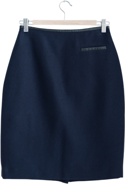 Jigsaw Navy Blue Wool Jacquard Leather Trim Pencil Skirt UK 8