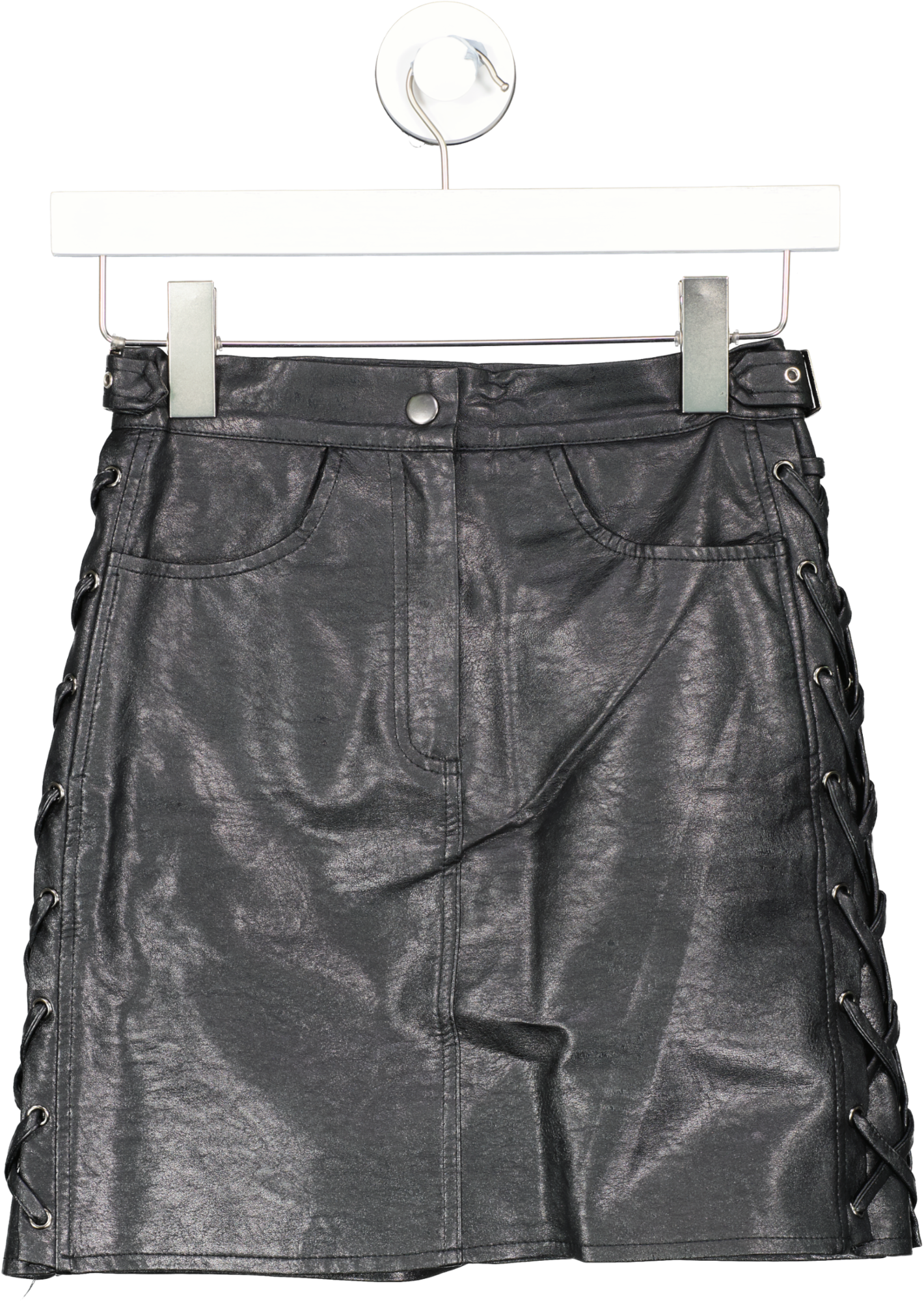 Meshki Black Lace Up Faux Leather Mini Skirt UK XS