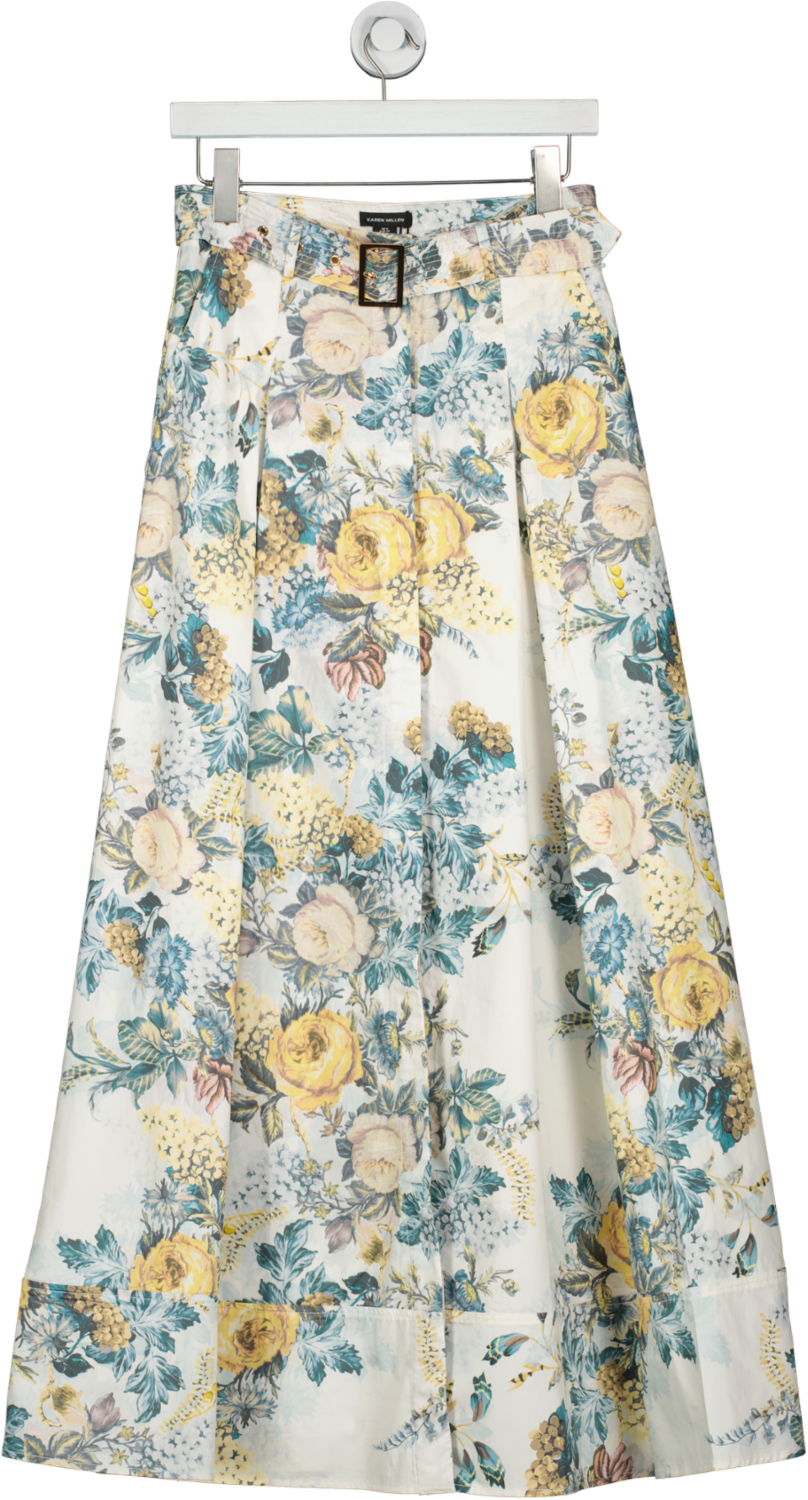 Karen Millen Cream Trailing Floral Cotton Sateen Maxi Skirt UK 6
