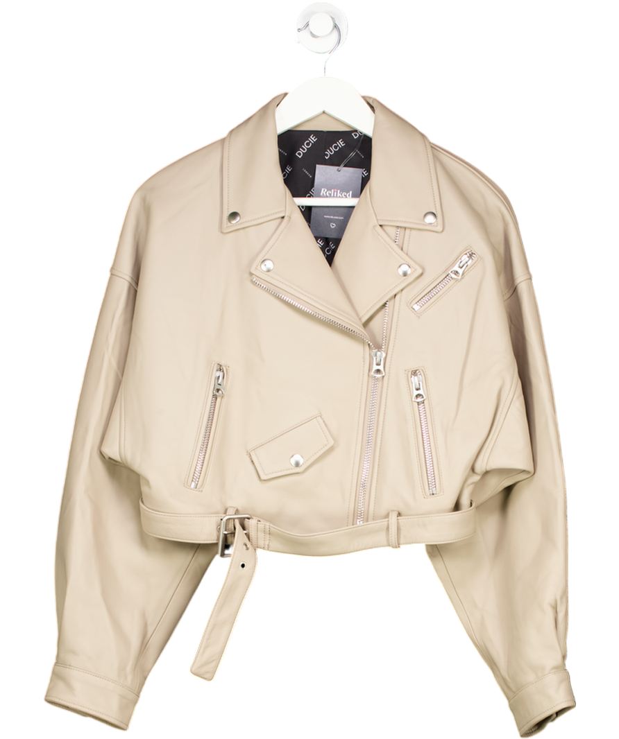Ducie London Beige Taupe Luxury Leather Biker Jacket UK S