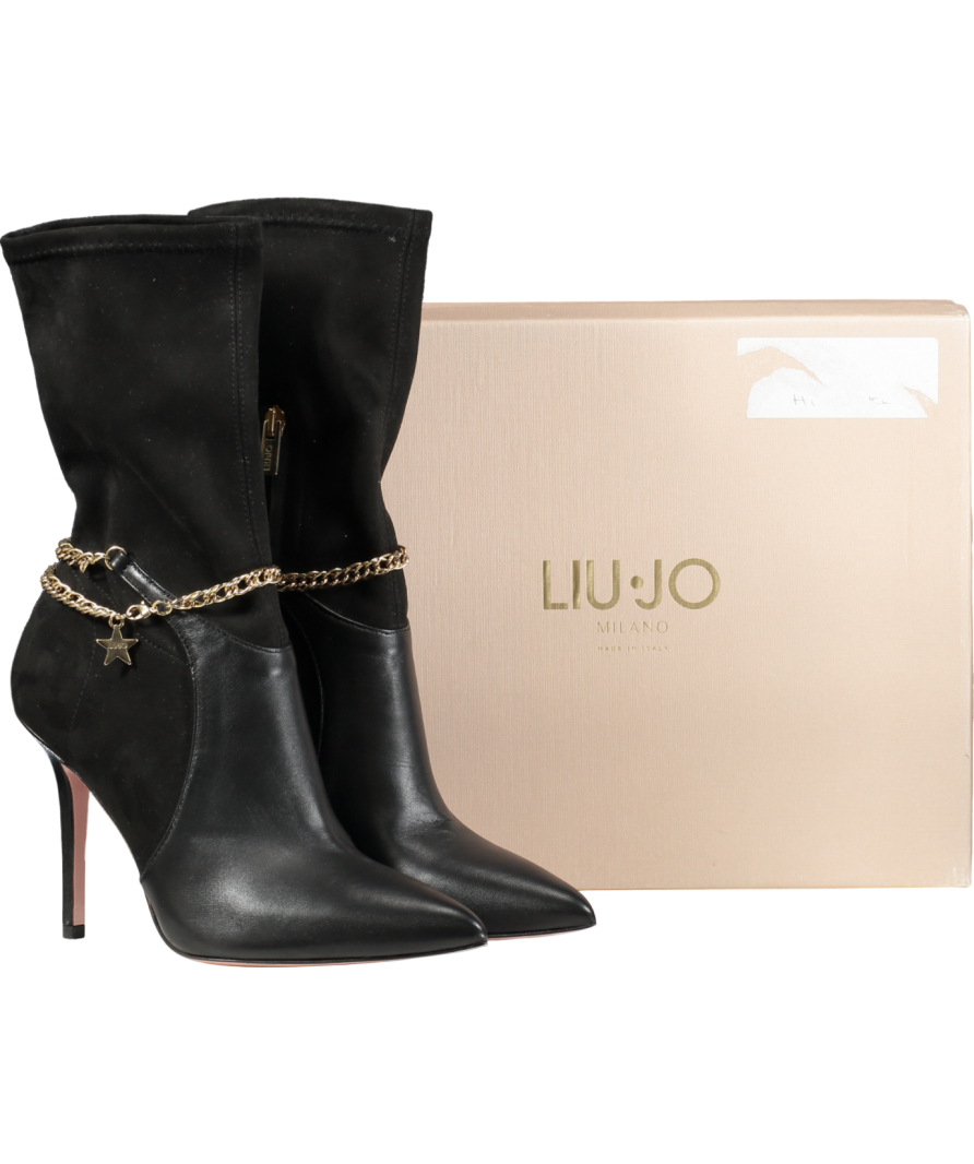 LUI JO Marilyn 5 Black Leather & Suede Boots With Gold Star And Chain Detail UK 5 EU 38 👠