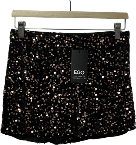 Ego Low Waist Bronze Sequin Hot Pant Shorts In Black Velvet UK 12