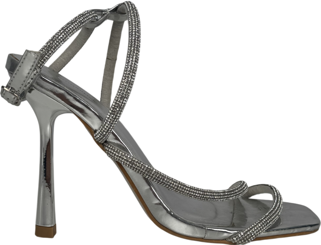 PrettyLittleThing Metallic Silver Pu Square Toe Diamante Asymmetric Strap Heeled Sandals UK 3 EU 36 👠
