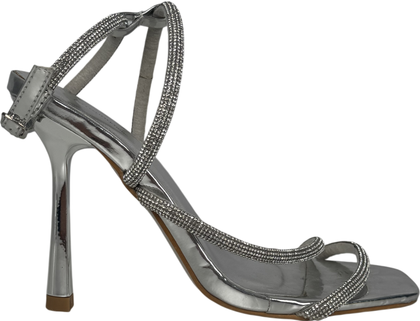 PrettyLittleThing Metallic Silver Pu Square Toe Diamante Asymmetric Strap Heeled Sandals UK 3 EU 36 👠