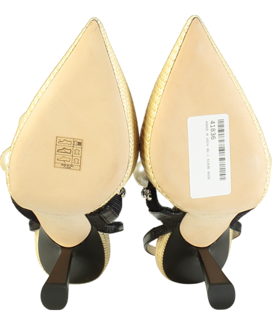 Jimmy Choo Natural raffia Breslin 100mm Pearl detail Singback Pumps UK 6.5 EU 39.5 👠