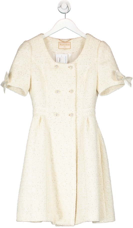 SANTINNI Cream Wool Tweed Dress Coat UK XS