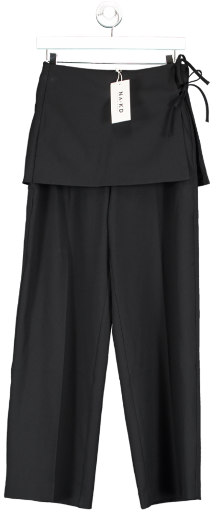 NA-KD Black Woven Skirt Detail Mid Waist Trousers UK 8