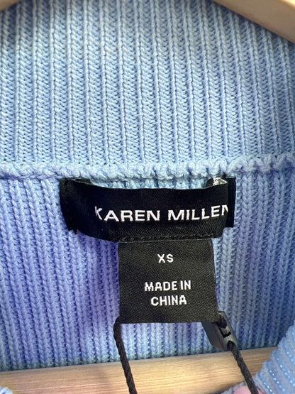 Karen Millen Pale Blue Half Cardigan Rib Compact Knit Funnel Neck Jumper XS