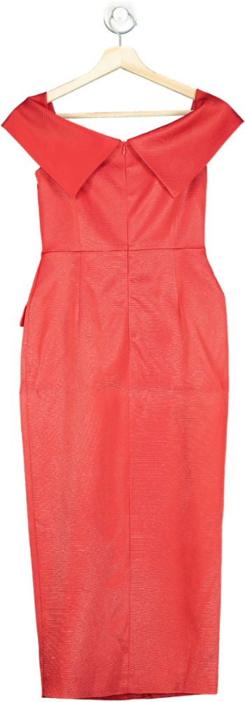 Karen Millen Red Italian Structured Rib Bardot Button Through Tailored Midi Dress UK 6
