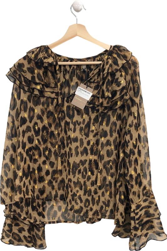 River Island Beige Leopard Print Sheer Ruffled Blouse UK 6