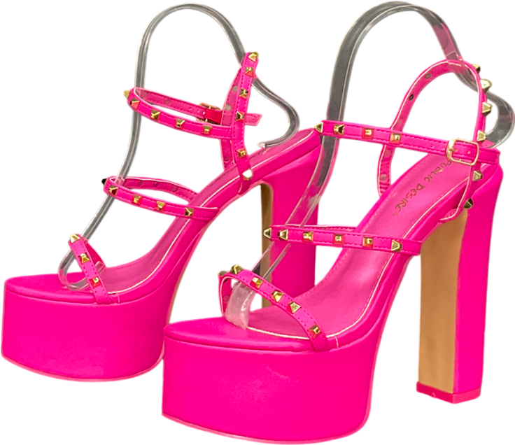 Public Desire Stefania Hot Pink Studded Cage Platform Round Toe Block Heels UK 6 EU 39 👠