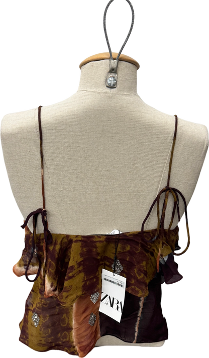 ZARA Multicoloured Sequin Brown Mesh Cami Top UK XS