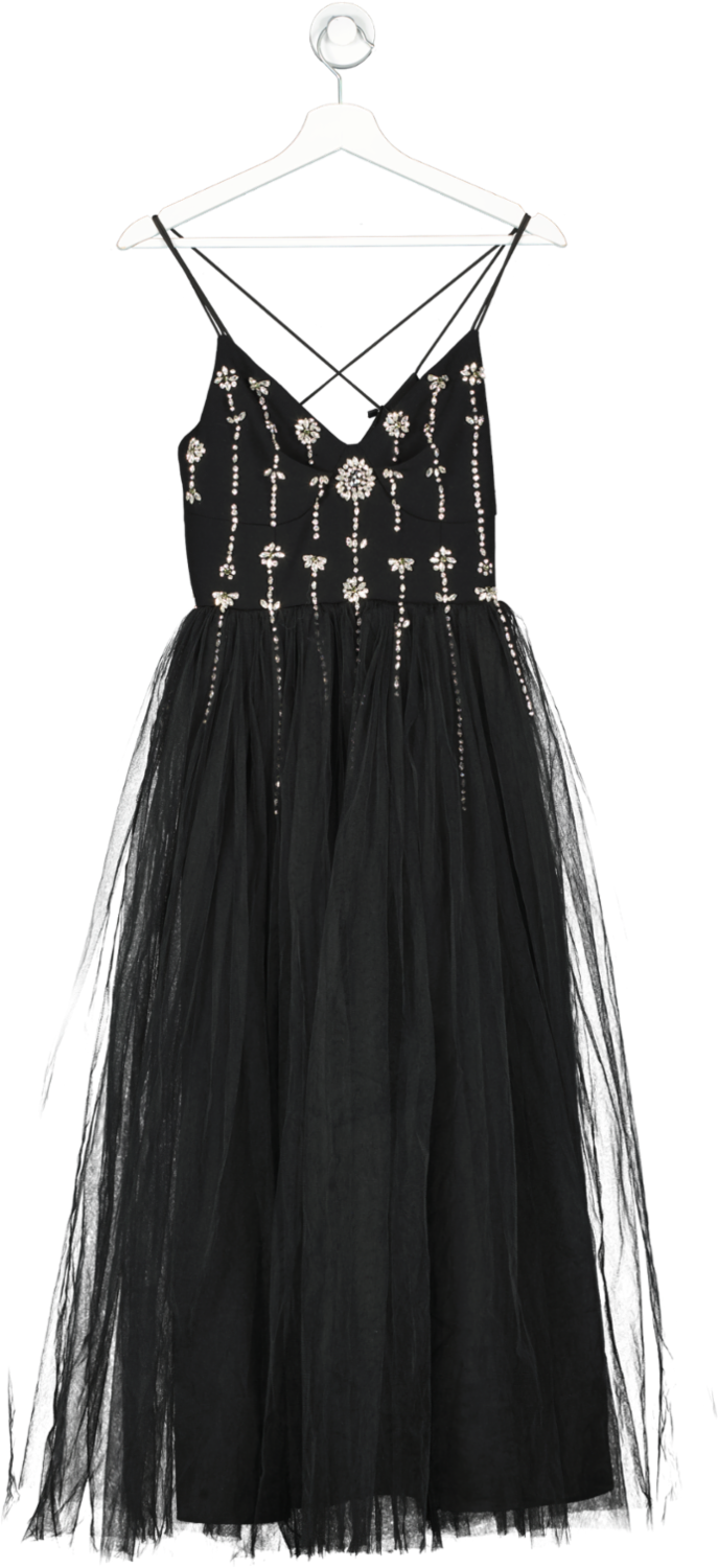 Karen Millen Black Crystal Embellished Tulle Midi Dress UK 6