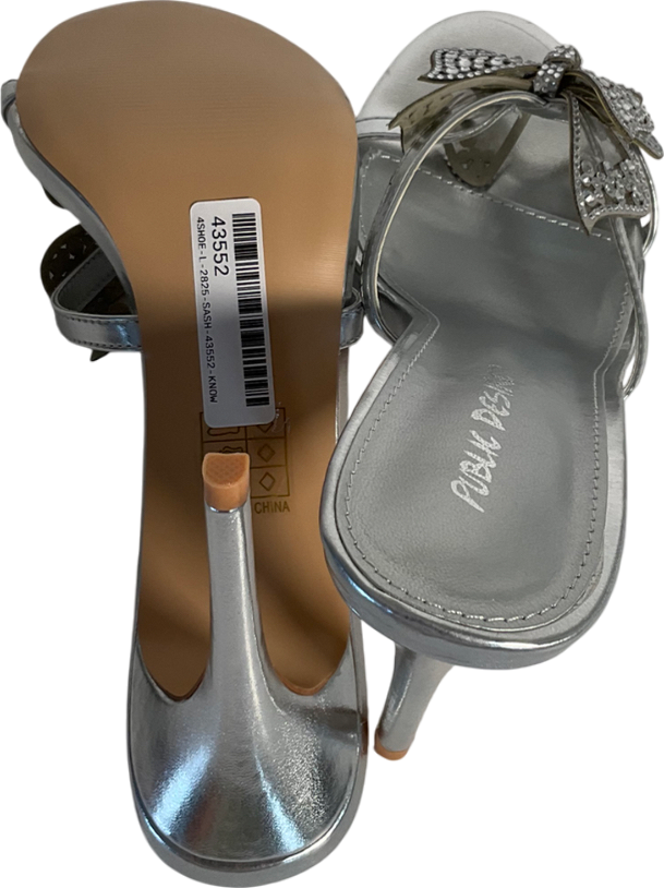 Public Desire Metallic Diamante Bow Silver Heels UK 7 EU 40 👠