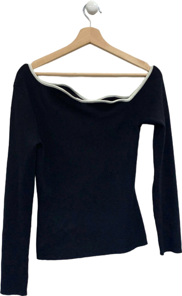 NA-KD Black Wavy Shoulder Tight Fine Knitted Top UK S