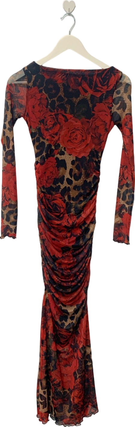 Boohoo Red Mixed Leopard Ruched Mesh Maxi Dress UK 8