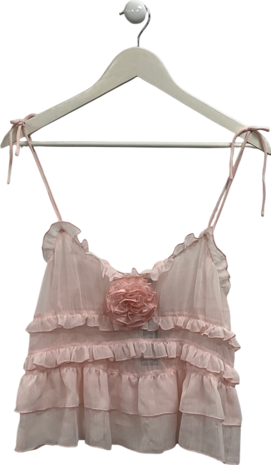 PrettyLittleThing Pink Tiered Ruffle  Appliqué Flower Long Top UK 8