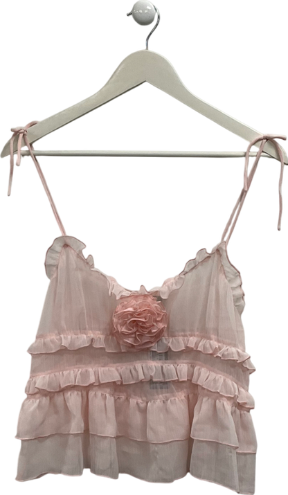 PrettyLittleThing Pink Tiered Ruffle  Appliqué Flower Long Top UK 8