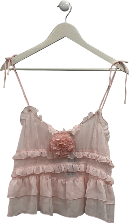 PrettyLittleThing Pink Tiered Ruffle  Appliqué Flower Long Top UK 8