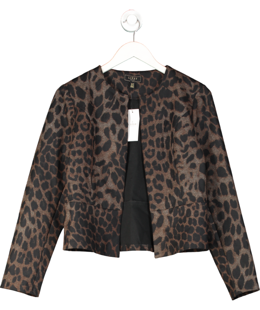 lipsy london Brown Animal Printed Cropped Collarless Blazer UK 10