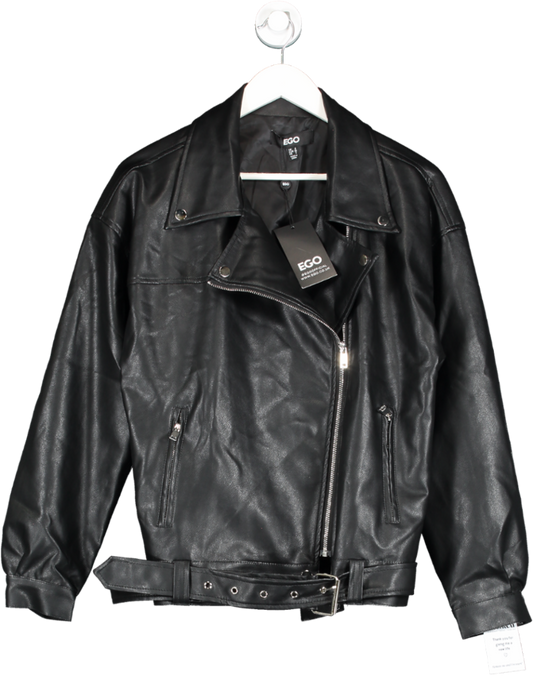 Ego Black Oversized Faux Leather Biker Jacket UK 8