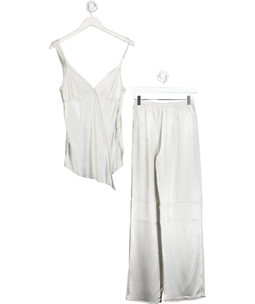 ZARA Metallic Silver Satin Detailed Strappy Top With Matching Cuffed Trousers UK S