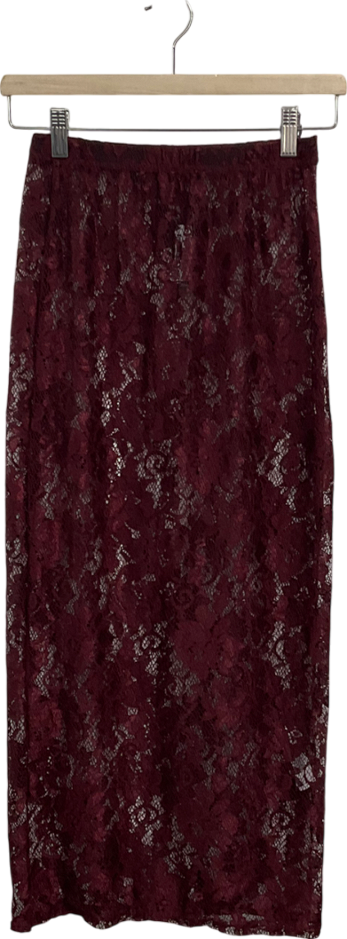 PrettyLittleThing Red Burgundy Lace Floral Maxi Skirt UK 6