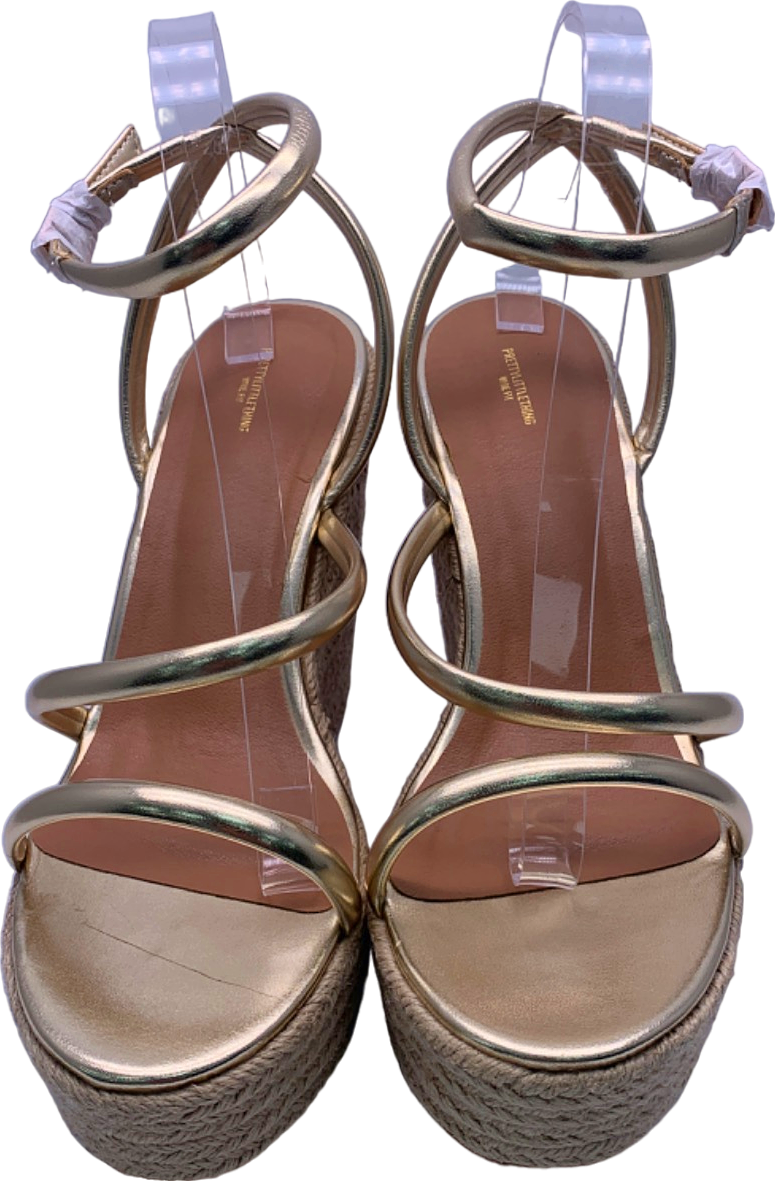 PrettyLittleThing Gold Wide Fit PU Round Toe Asymmetric Strap Platform Heels UK 6