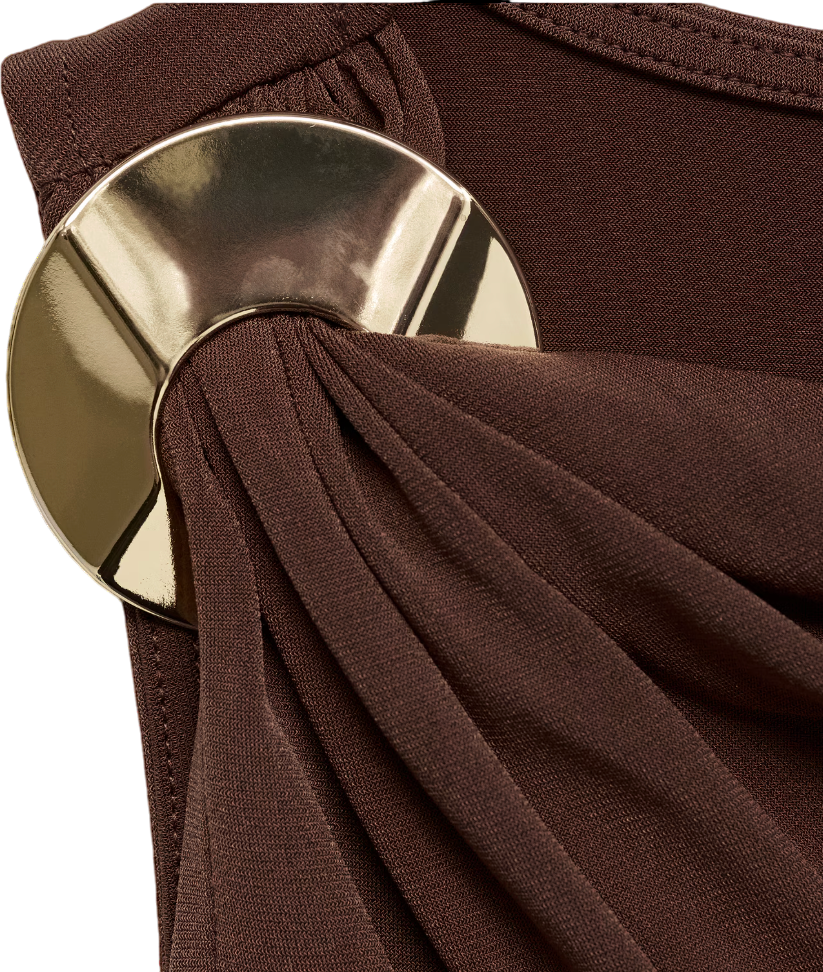 MANGO Chocolate Brown Draped Dress With Metallic Detail UK M