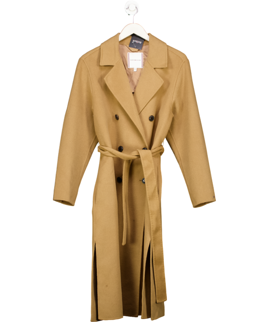 Tommy Hilfiger Beige Belted Double Breasted Wool Blend Coat Camel UK 8