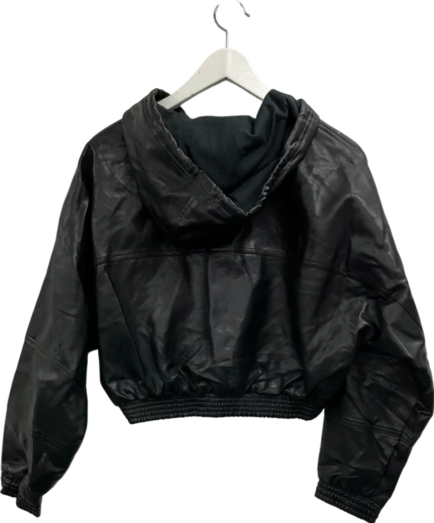 Fashion Nova Black Cropped Faux Leather Hooded Jacket UK S