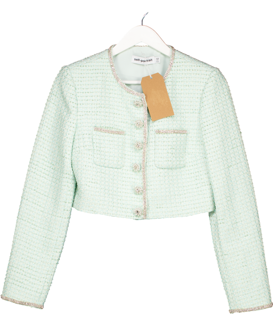 Self Portrait Mint Green Padded-shoulder Crystal-embellished Woven Jacket UK 10