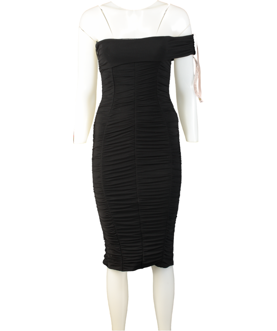 Oh Polly Black One Shoulder Ruched Midi Dress UK 8
