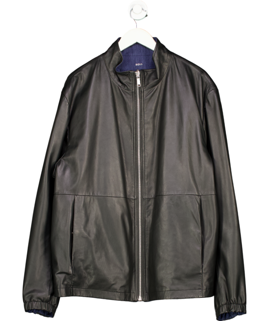 BOSS Black Nappa Leather / Blue Denim Reversible Bomber Jacket 48R UK XXXL