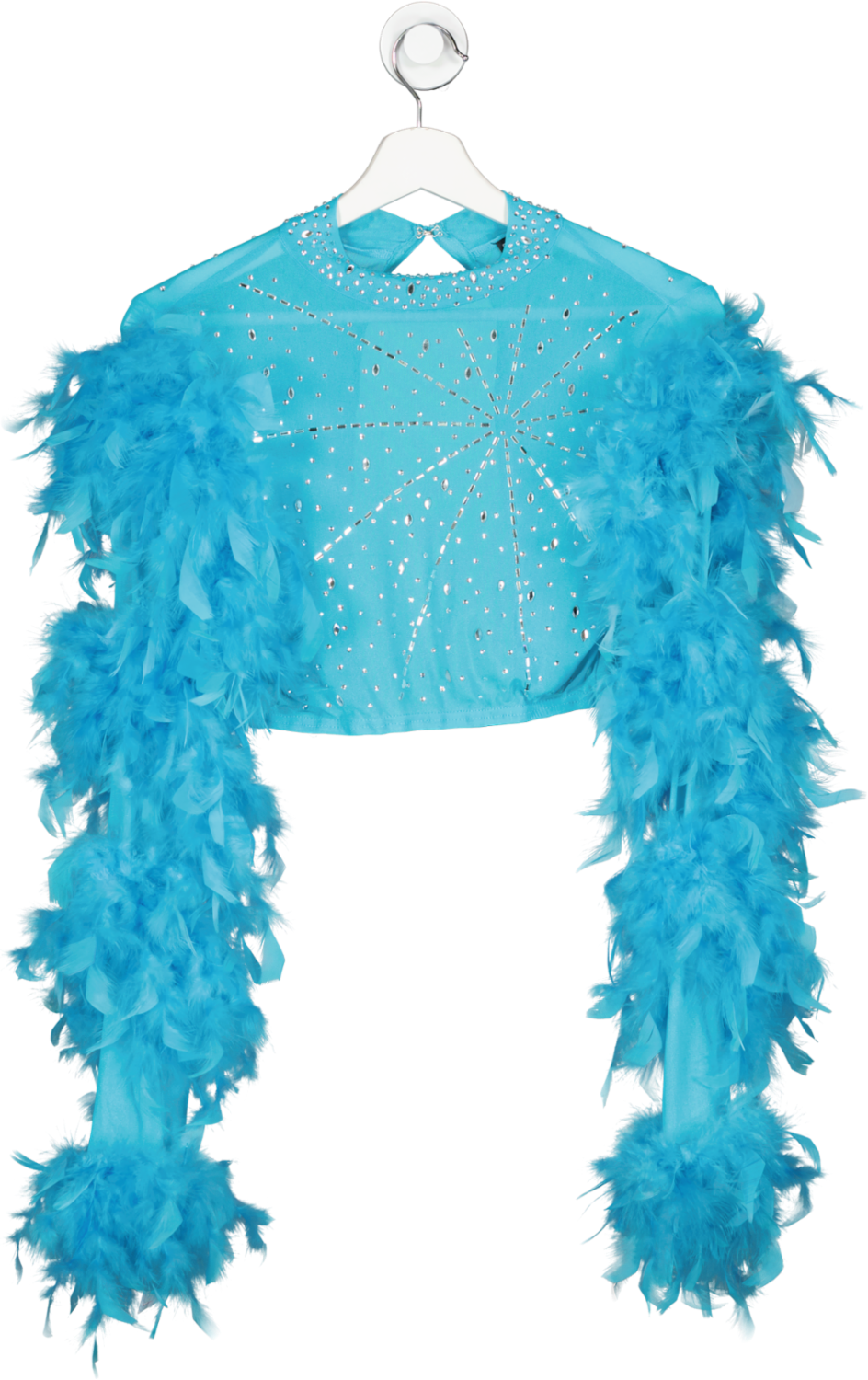 Fashion Nova Blue Long Sleeve Feather Diamante Crop Top UK S