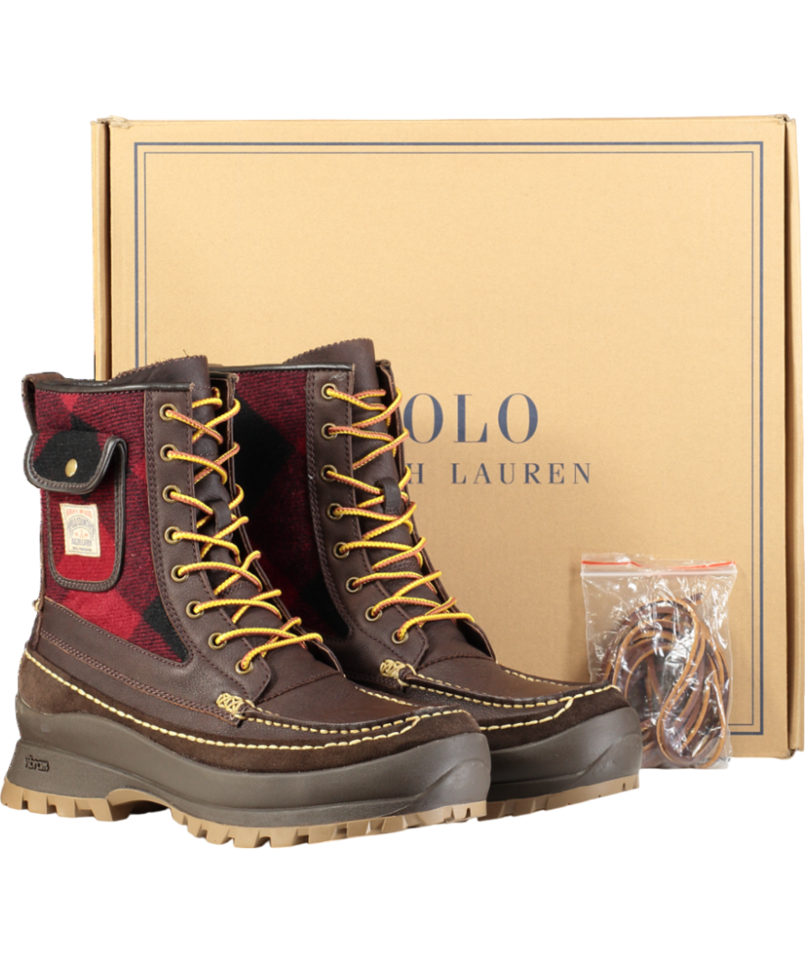 Polo Ralph Lauren Brown Logan Leather And Plaid Wool Boot UK 10 EU 44 👞