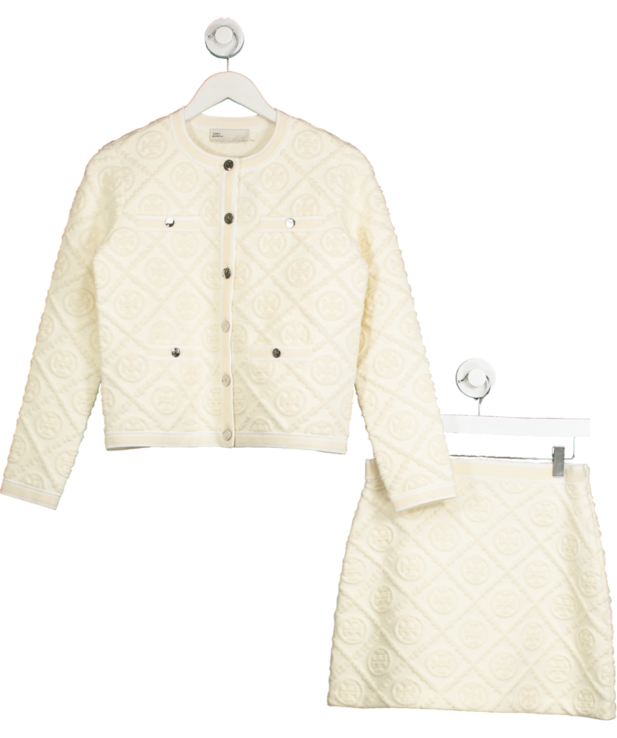 Tory Burch Cream T Monogram Kendra Logo Cardigan And Mini Skirt 2-piece Set UK XS