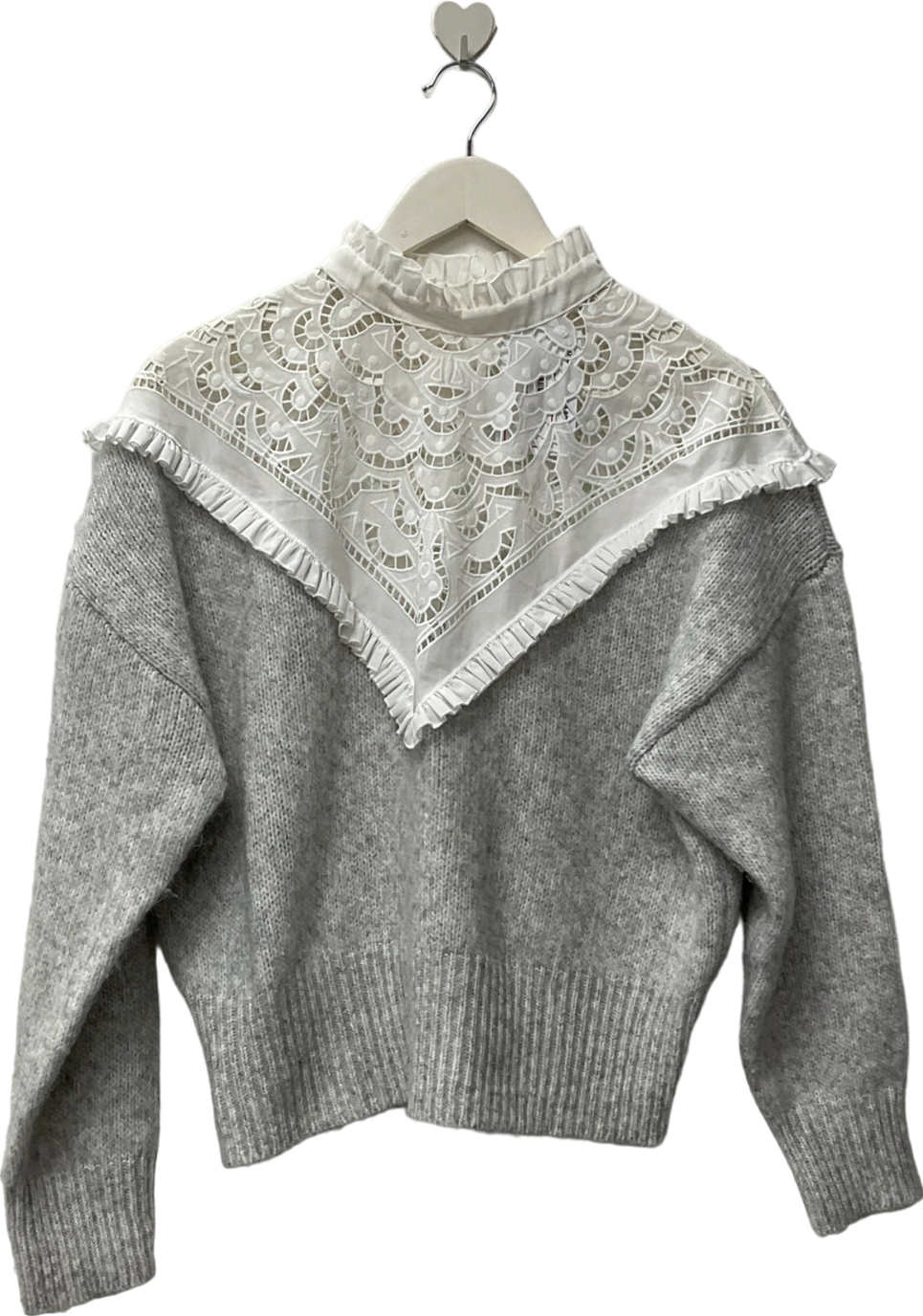 ZARA Victorian Jumper Grey White Lace Contrasting Poplin UK 10