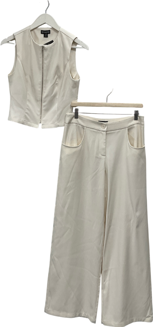 PrettyLittleThing Cream Premium Woven Zip Up Detail Sleeveless Top & Woven Tailored Wide Leg Belt Detail Trousers UK 10
