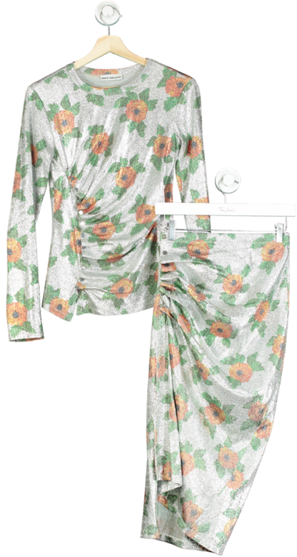 Paco Rabanne Silver Floral Ruched Top and Skirt Set UK 6