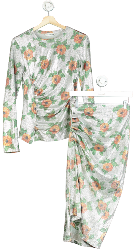 Paco Rabanne Silver Floral Ruched Top and Skirt Set UK 6