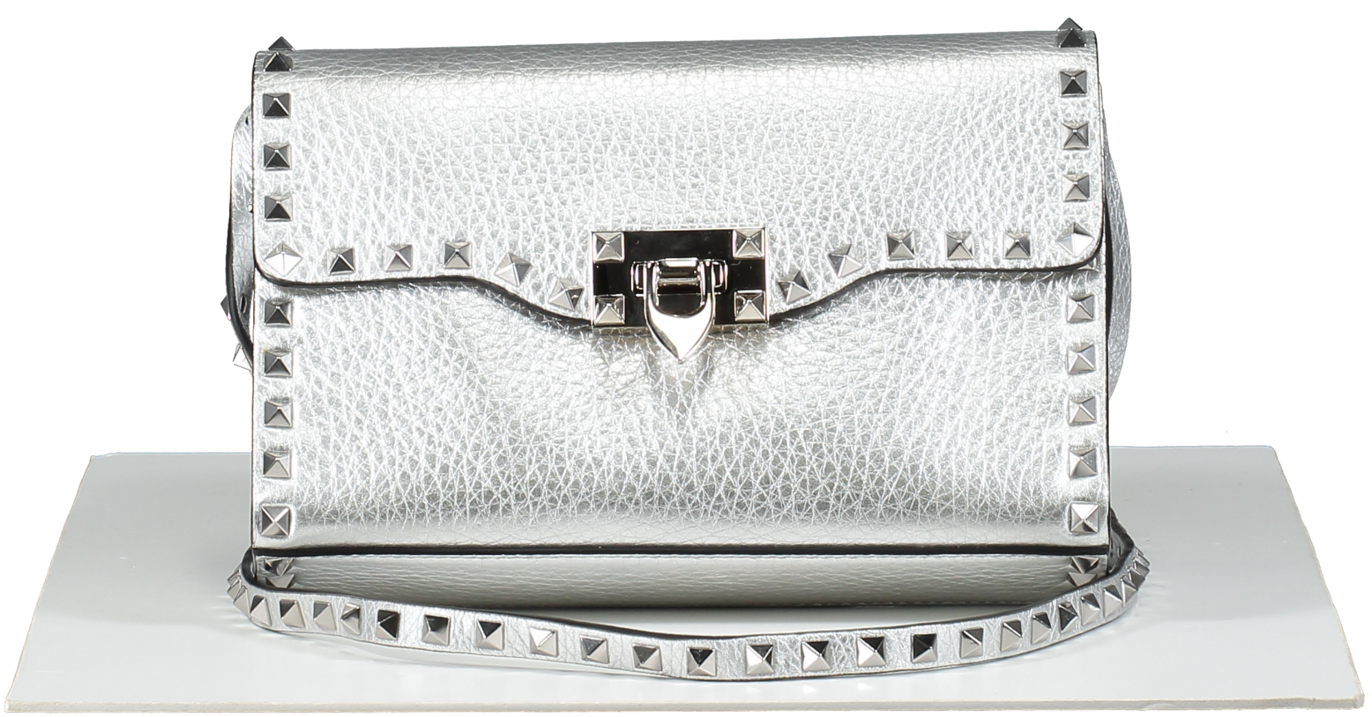 Valentino Garavani Metallic pebbled leather Rockstud Flip Lock Flap Bag Silver