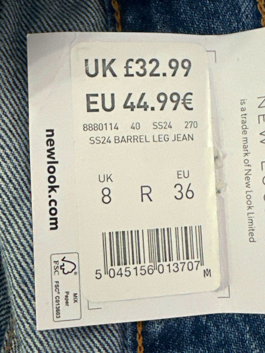 New Look Light Blue Barrel Leg Jean UK 8