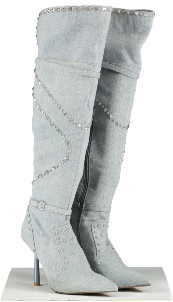 STEVE MADDEN Blue Fasten Up Studded Denim Boots UK 7 EU 40 👠