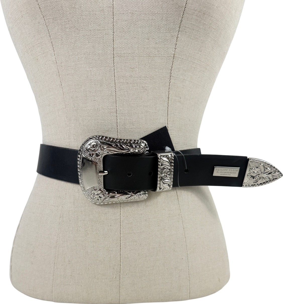 phillip plein Black Floral Design Buckle Belt One Size